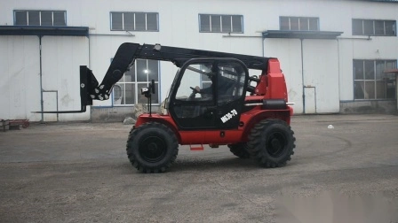 Cargador lateral telescópico compacto de alto alcance con radio de giro pequeño y excavadora de orificios para postes